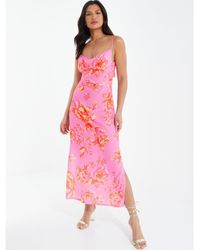 Quiz - Pink Floral Print Tie Back Midi Dress - Lyst