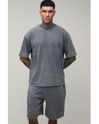 BoohooMAN - Tall Oversized Gothic Fleur De Lis Applique Washed T-Shirt & Baggy Short Set - Lyst