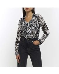 River Island - Blouse Floral Frill Long Sleeve Viscose - Lyst