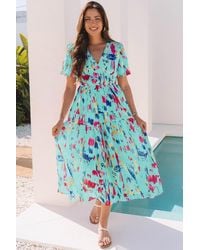 Azura Exchange - Abstract Print Midi Dress Flutter Sleeves - Lyst