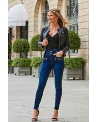 Sosandar - Dark High Waisted Zip Detail Biker Jeans - Lyst
