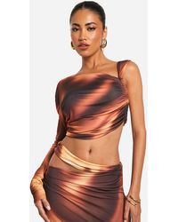 Boohoo - Printed Slinky One Shoulder Ruched Side Top - Lyst