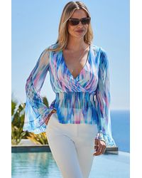 Sosandar - Watercolour Print Wrap Front Flared Sleeve Jersey Top - Lyst