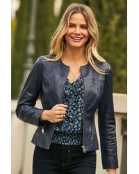 Sosandar - Zip Front Round Neck Leather Jacket - Lyst