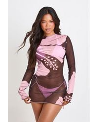 Boohoo - Floral Print Sheer Mesh Beach Mini Dress - Lyst