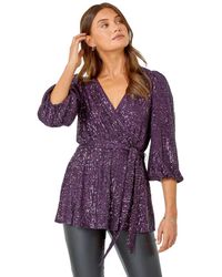 Roman - Embellished Sequin Stretch Wrap Top - Lyst