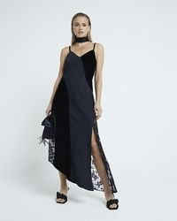 River Island - Midi Slip Dress Satin Velvet And Lace - Lyst