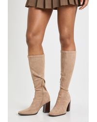 Boohoo - Faux Suede Block Stacked Heel Knee High Boots - Lyst