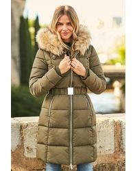 Sosandar - Khaki Faux Fur Trim Luxe Longline Padded Coat - Lyst