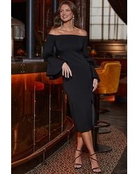 Sosandar - Bardot Dress With Luxe Feather Sleeve Detail - Lyst