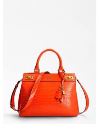 GUESS Katey Faux Croc Large Luxury Satchel, Orange at John Lewis & Partners