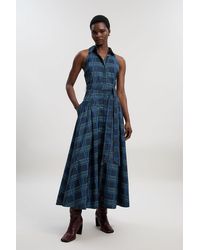 Karen Millen - Check Print Taffeta Belted Woven Maxi Shirt Dress - Lyst