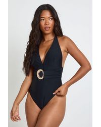Boohoo - Trim Detail Plunge Wrap Waist Swimsuit - Lyst