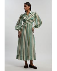 Karen Millen - Stripe Slub Organdie Drama Sleeve Woven Wrap Detail Shirt Dress - Lyst