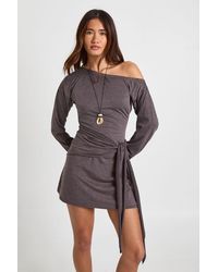 Boohoo - Marl Asym Shoulder Tie Waist Mini Dress - Lyst