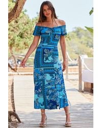 Sosandar - Scarf Print Tie Front Bardot Midi Dress - Lyst