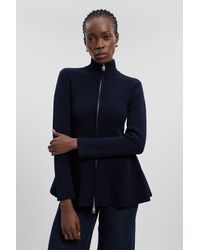 Karen Millen - Cotton High Neck Zip Through Longline Knit Jacket - Lyst