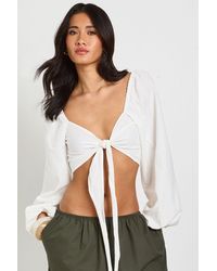 Boohoo - Volume Sleeve Tie Front Linen Look Crop Top - Lyst