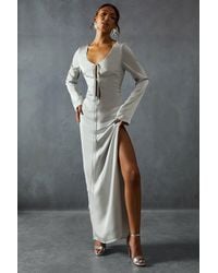 MissPap - Premium Satin Tie Front Long Sleeve Maxi Dress - Lyst