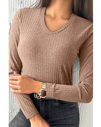 Azura Exchange - Straw Ribbed Knit V Neck Long Sleeve Slim Fit Top - Lyst