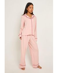 Boohoo - Petite Piping Detail Long Sleeve Shirt & Trouser Pyjama Set - Lyst