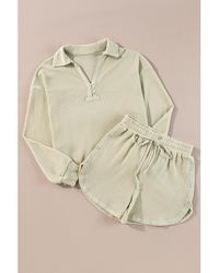 Azura Exchange - Perkament Getextureerde Knopsluiting Lange Mouwen Top 2-delige Shorts Set - Lyst