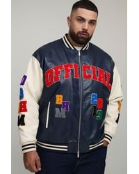 BoohooMAN - Plus Oversized Fit Badge Applique Pu Varsity Bomber Jacket - Lyst