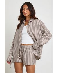 Boohoo - Crinkle Stripe Tie Cuff Shirt And Short Co-Ord - Lyst
