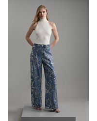 Karen Millen - Denim All Over Floral Sequin Wide Leg Trousers - Lyst