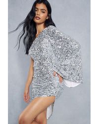 MissPap - Premium Sequin Flare Sleeve Ruched Asymmetric Midi Dress - Lyst