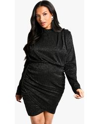 Boohoo - Plus Shoulder Pad Ruched Glitter Dress - Lyst