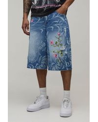 BoohooMAN - Longline Floral Embroidered Denim Jorts - Lyst
