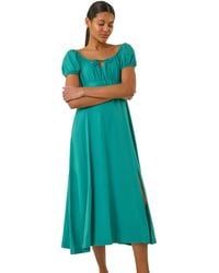 Roman - Puff Sleeve Linen Mix Midi Dress - Lyst