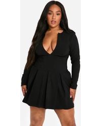 Boohoo - Plus Long Sleeve Corset Detail Plunge Pleated Hem Dress - Lyst