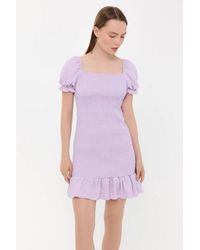 Hiccup - Ribbed Ruffled Square Neck Mini Dress With Balloon Sleeves - Lyst
