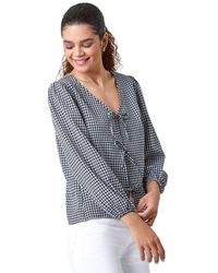Roman - Gingham Print Tie Front Woven Top - Lyst