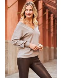 Sosandar - Taupe V Neck Fine Knit Jumper - Lyst