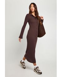 Boohoo - Ribbed Collared Button Down Shirt Midaxi Dress - Lyst