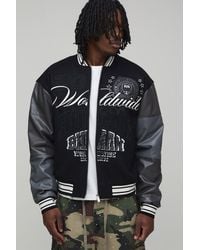 BoohooMAN - Tall Melton & Pu Mixed Fabric Embellished Varsity Jacket - Lyst