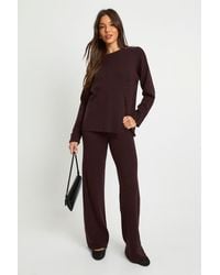 Boohoo - Chunky Rib Button Hem Detail Crew Neck Jumper And Straight Leg Trouser Co-Ord - Lyst