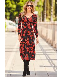 Sosandar - Floral Print Ruched Front V Neck Midi Jersey Dress - Lyst