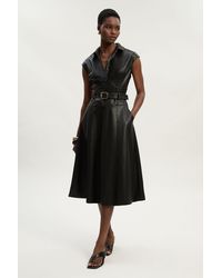Karen Millen - Faux Leather Belted Midi Dress - Lyst