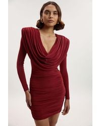 Karen Millen - Stretch Drapey Crepe Ruched Plunge Neck Long Sleeve Mini Dress - Lyst