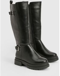 Boohoo - Wide Fit Double Buckle Knee High Biker Boots - Lyst