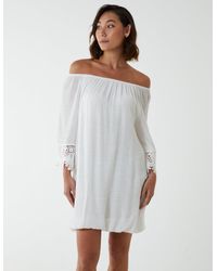 Blue Vanilla - Bardot Tunic Dress With Crochet Lace Sleeves - Lyst
