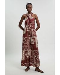 Karen Millen - Petite Linen Viscose Tile Print Belted Woven Jumpsuit - Lyst