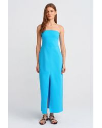 Dilvin - Strapless Fitted Midi Dress With Slit - Lyst