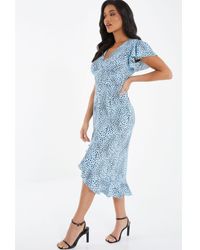 Quiz - Blue Animal Print Frill Sleeve Midi Dress - Lyst