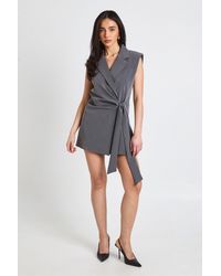 Boohoo - Linen Look Tie Waist Sleeveless Blazer Dress - Lyst