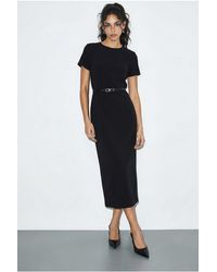 Bianco Lucci - Belted Midi Dress With Crew Neck - Lyst